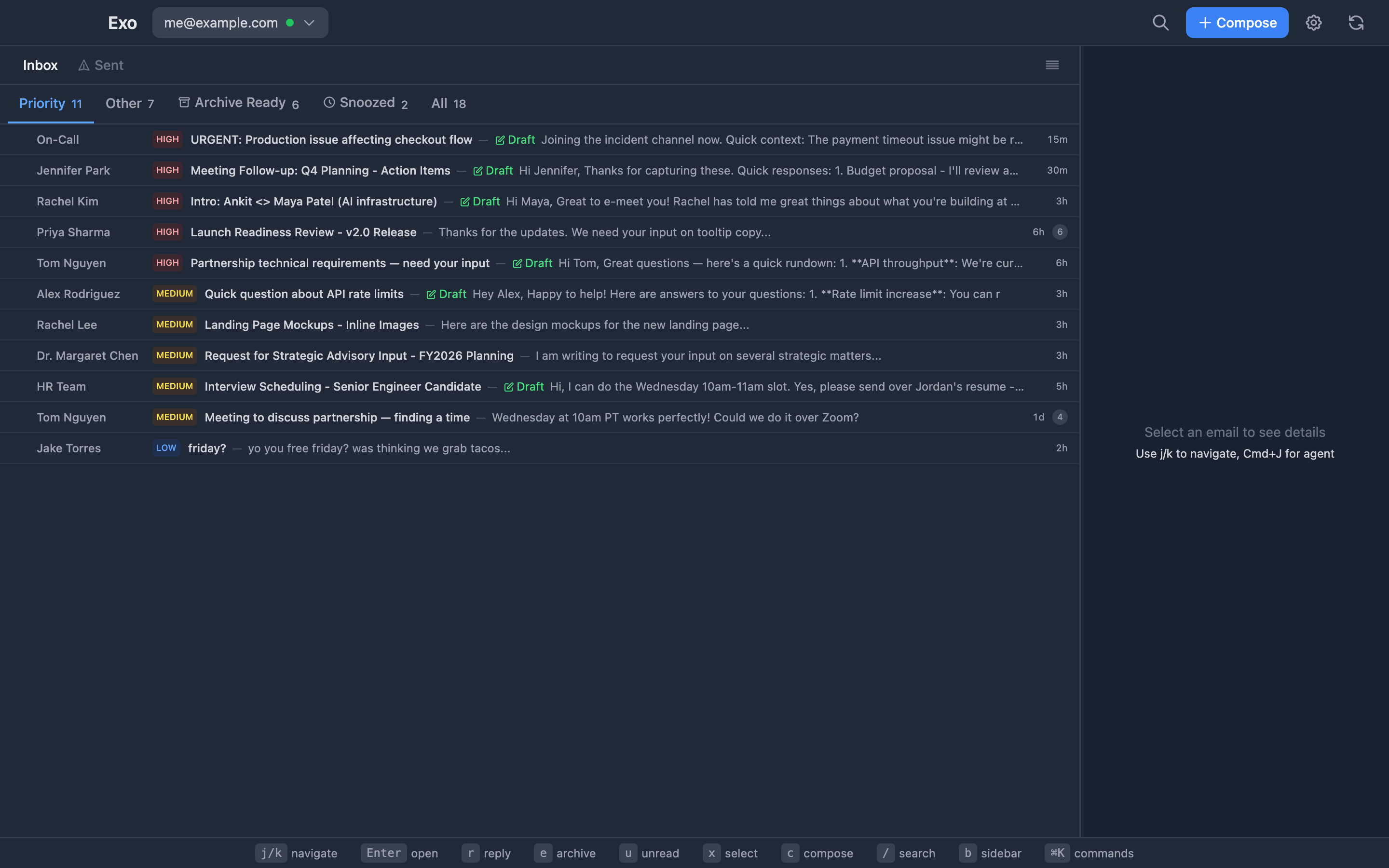 Exo inbox with AI-powered priority triage